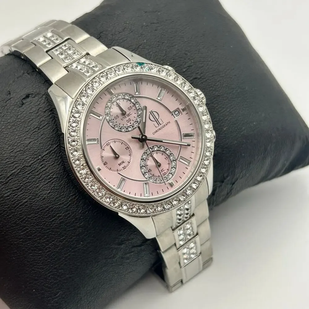 Jennifer Lopez Silver Tone Pink Dial Crystal Accents Women’s Chronograph Watch